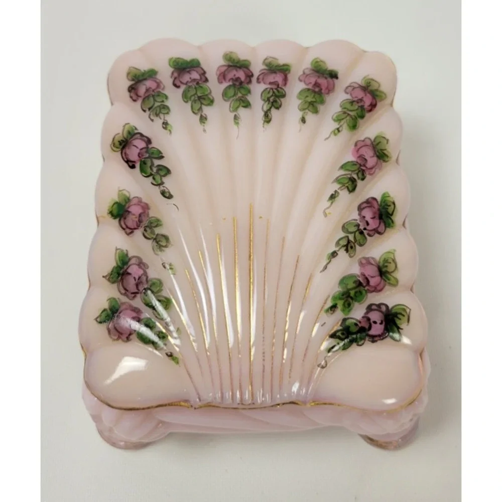 Vtg Cambridge Glass Crown Tuscan Trinket‎ Cigarette Box Seashell Pink Roses